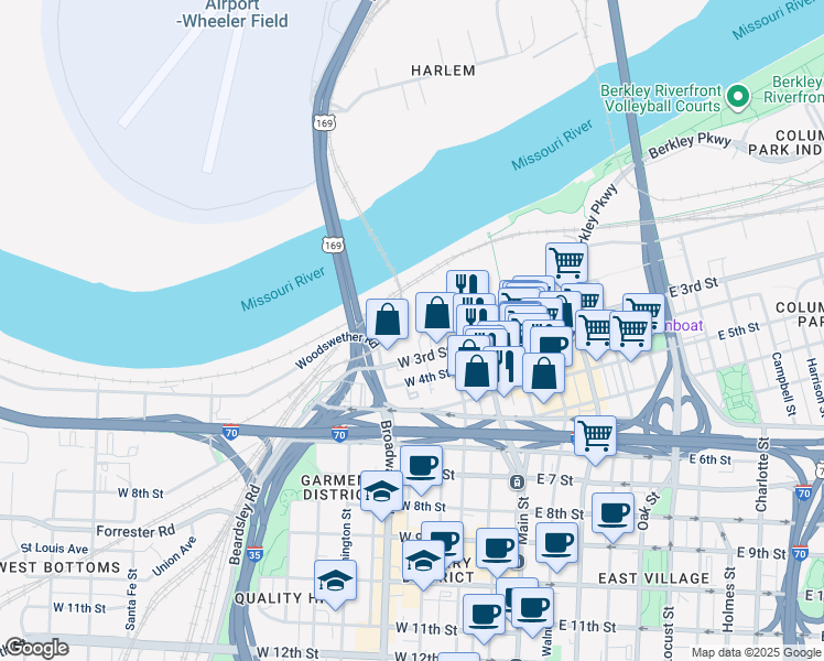 map of restaurants, bars, coffee shops, grocery stores, and more near 250 West 2nd Street in Kansas City