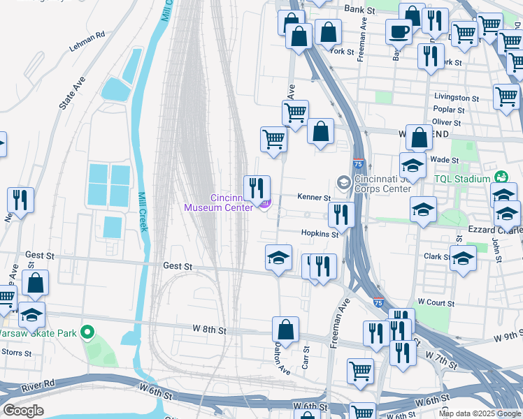 map of restaurants, bars, coffee shops, grocery stores, and more near 1301 Western Avenue in Cincinnati