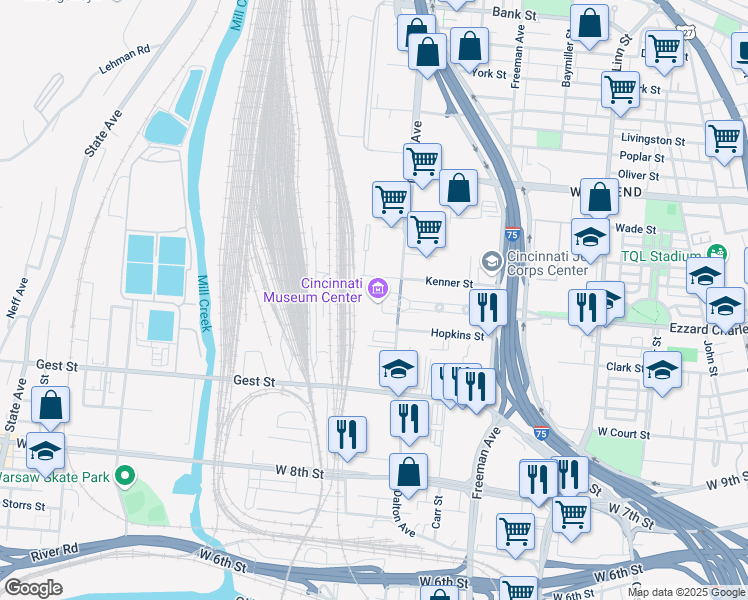 map of restaurants, bars, coffee shops, grocery stores, and more near 1301 Western Avenue in Cincinnati
