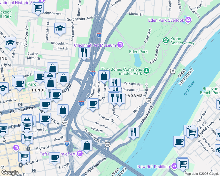 map of restaurants, bars, coffee shops, grocery stores, and more near 1204 Wareham Drive in Cincinnati