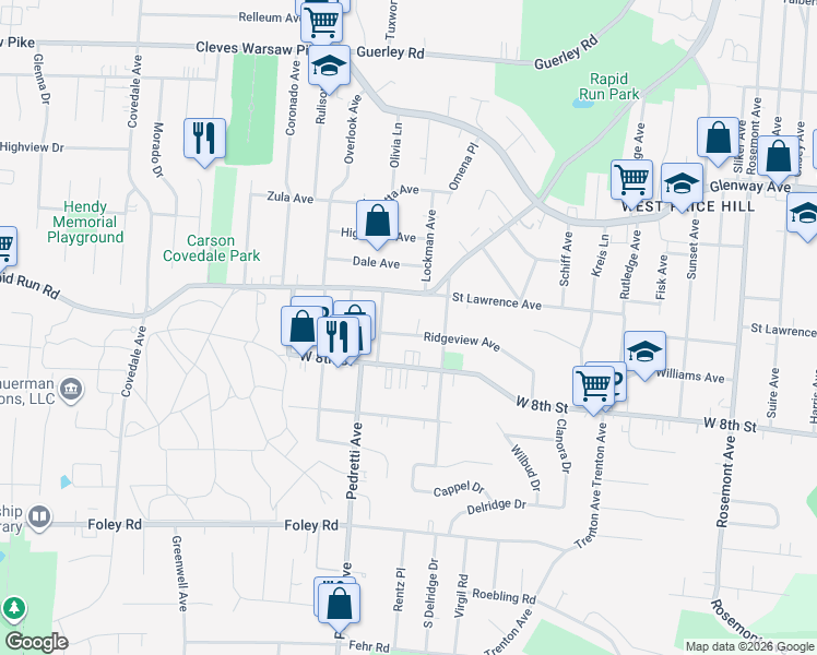 map of restaurants, bars, coffee shops, grocery stores, and more near 4445 Ridgeview Avenue in Cincinnati