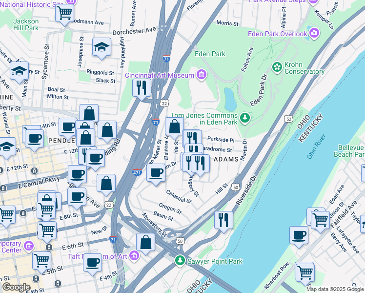 map of restaurants, bars, coffee shops, grocery stores, and more near 921 Paradrome Street in Cincinnati