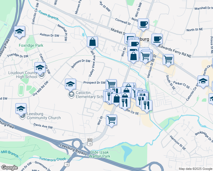 map of restaurants, bars, coffee shops, grocery stores, and more near 130 Prospect Dr SW in Leesburg