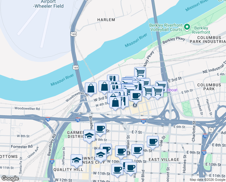 map of restaurants, bars, coffee shops, grocery stores, and more near 114A West 3rd Street in Kansas City