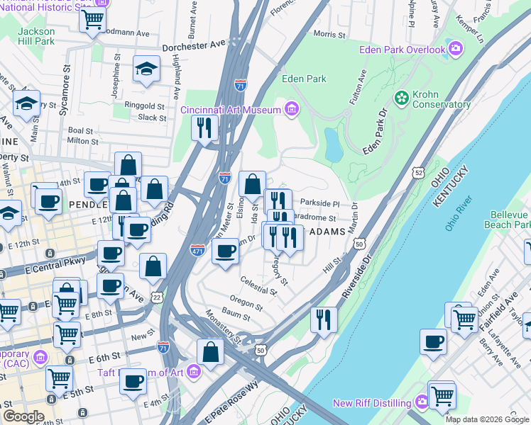 map of restaurants, bars, coffee shops, grocery stores, and more near 1204 Wareham Drive in Cincinnati