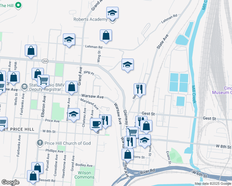 map of restaurants, bars, coffee shops, grocery stores, and more near 2500 Warsaw Avenue in Cincinnati