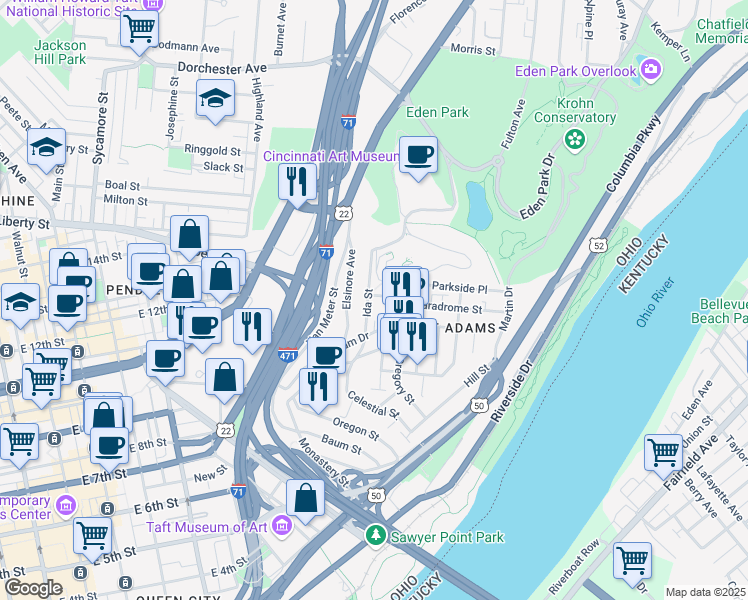 map of restaurants, bars, coffee shops, grocery stores, and more near 907 Paradrome Street in Cincinnati