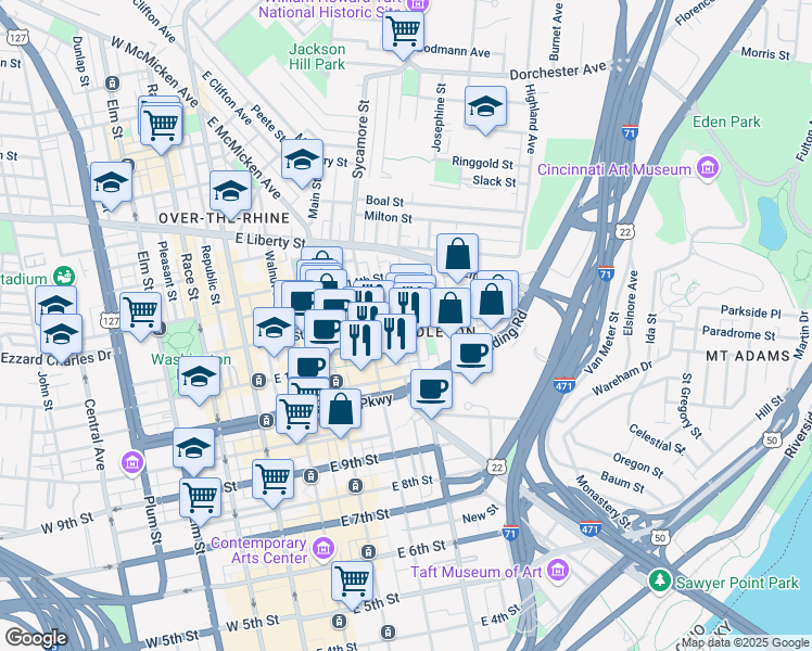 map of restaurants, bars, coffee shops, grocery stores, and more near 331 East 13th Street in Cincinnati