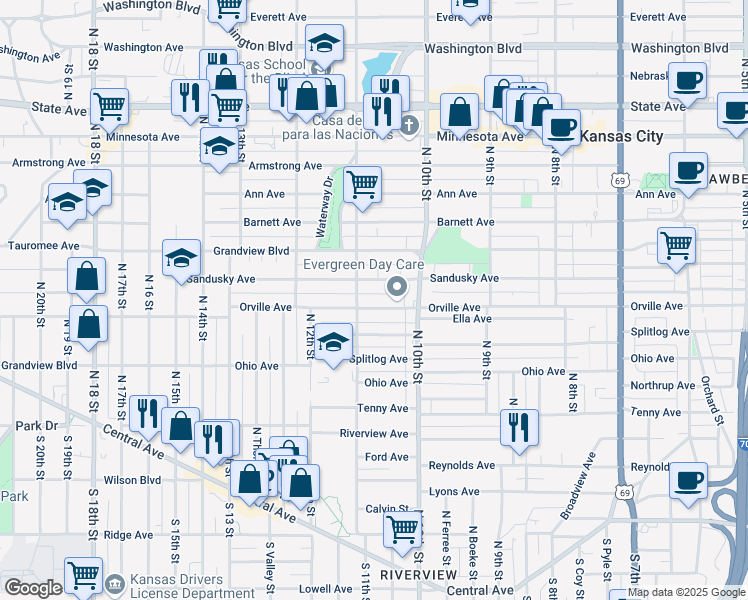 map of restaurants, bars, coffee shops, grocery stores, and more near 1040 Orville Avenue in Kansas City