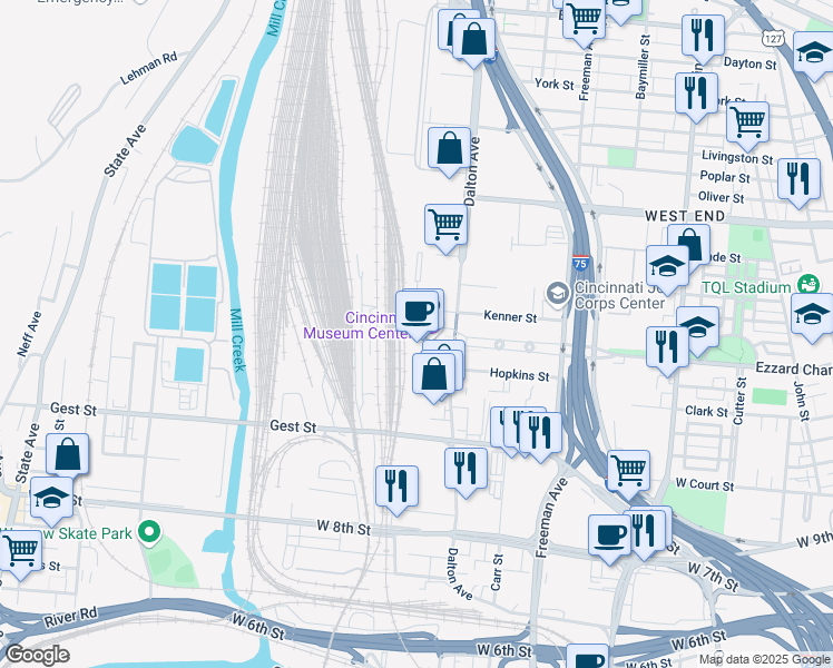 map of restaurants, bars, coffee shops, grocery stores, and more near 1301 Western Avenue in Cincinnati