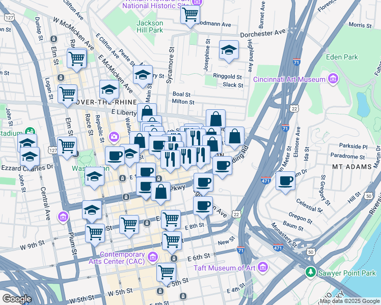 map of restaurants, bars, coffee shops, grocery stores, and more near 331 East 13th Street in Cincinnati
