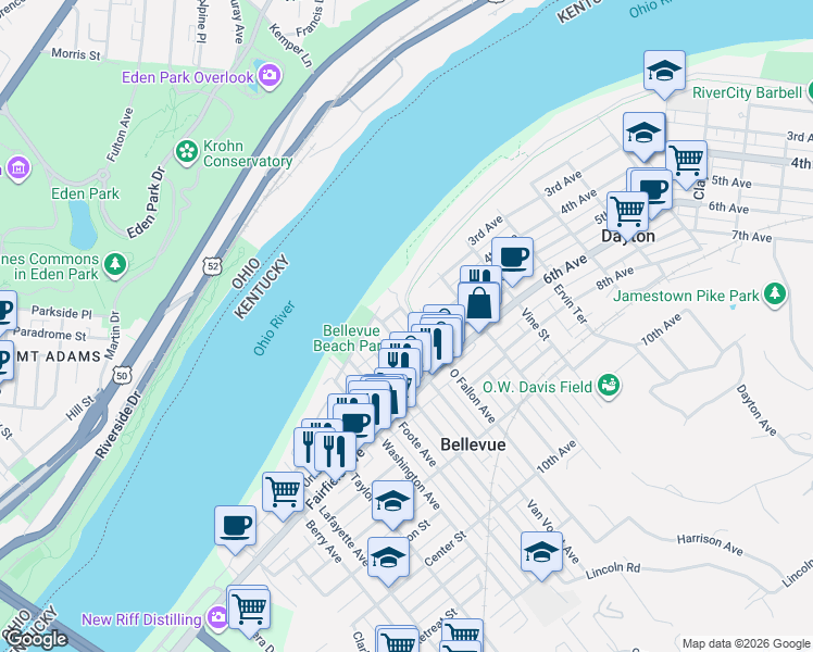 map of restaurants, bars, coffee shops, grocery stores, and more near 145 Van Voast Avenue in Bellevue
