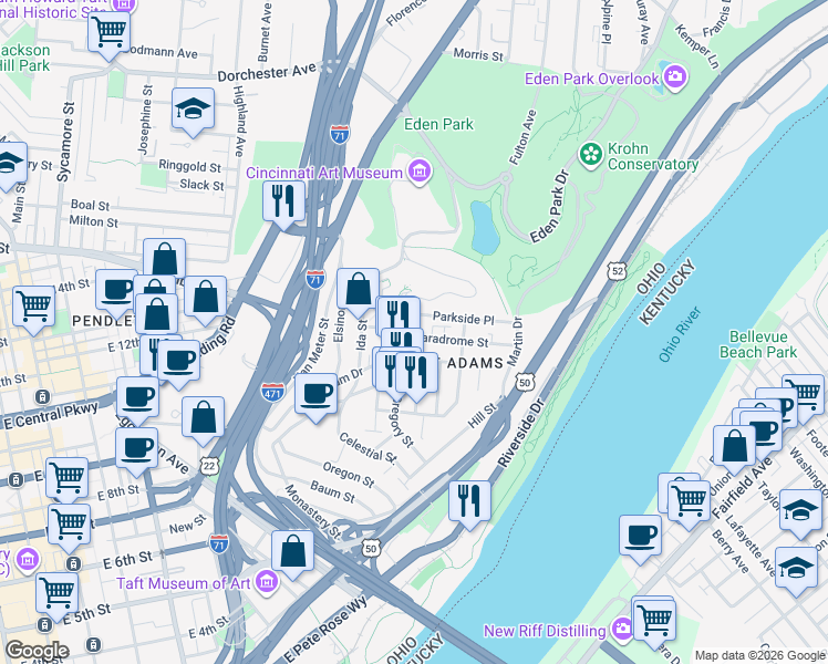 map of restaurants, bars, coffee shops, grocery stores, and more near 958 Hatch Street in Cincinnati
