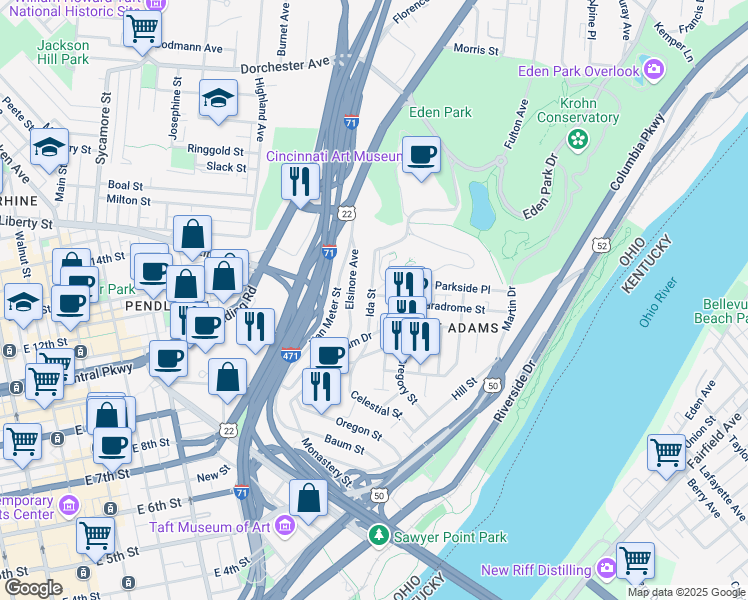 map of restaurants, bars, coffee shops, grocery stores, and more near 907 Paradrome Street in Cincinnati