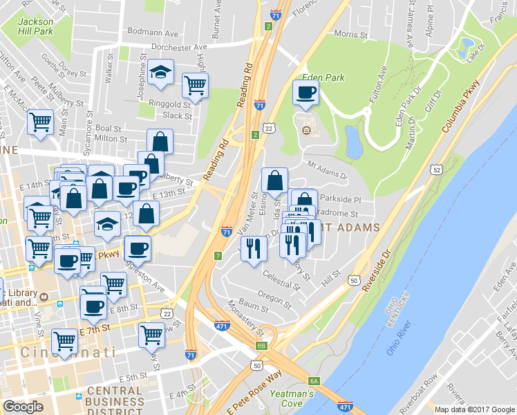 map of restaurants, bars, coffee shops, grocery stores, and more near in Cincinnati