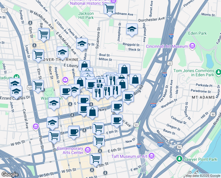 map of restaurants, bars, coffee shops, grocery stores, and more near 1131 Broadway Street in Cincinnati