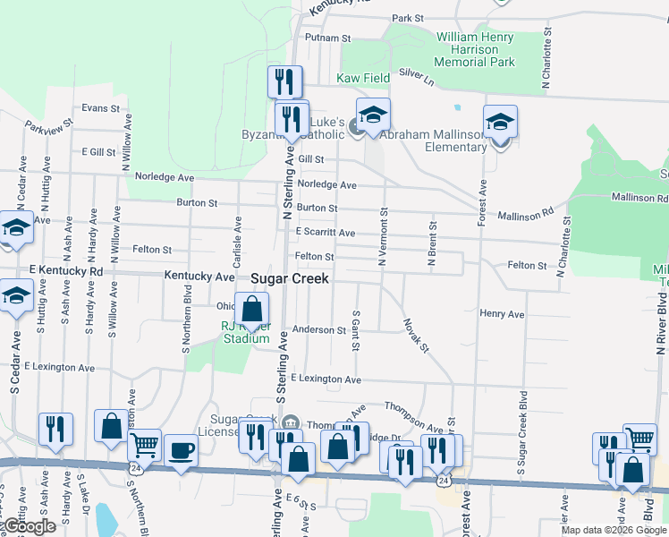 map of restaurants, bars, coffee shops, grocery stores, and more near 102 South Claremont Avenue in Sugar Creek