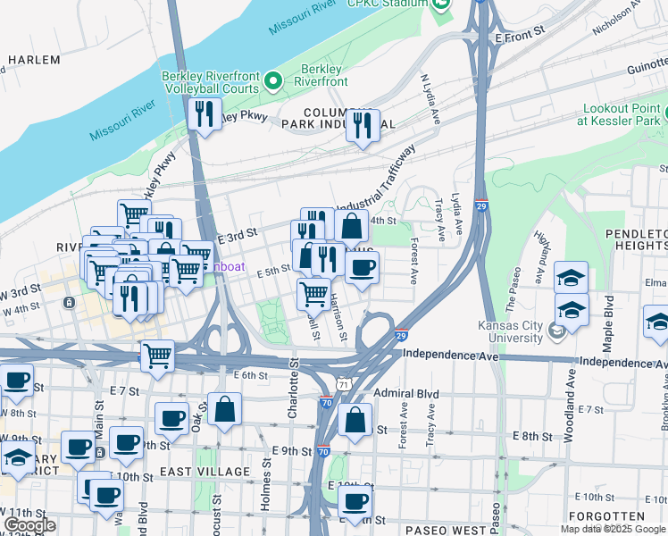 map of restaurants, bars, coffee shops, grocery stores, and more near 522 Harrison Street in Kansas City