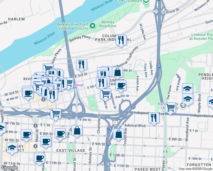 map of restaurants, bars, coffee shops, grocery stores, and more near 522 Harrison Street in Kansas City