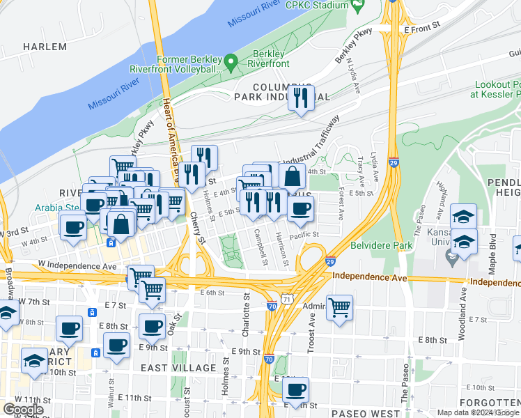 map of restaurants, bars, coffee shops, grocery stores, and more near 518 Campbell Street in Kansas City