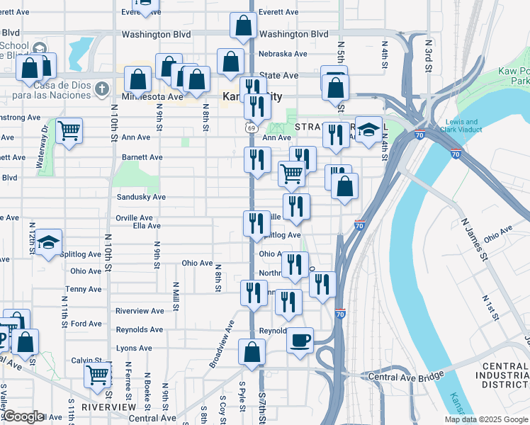 map of restaurants, bars, coffee shops, grocery stores, and more near 645 Orville Avenue in Kansas City