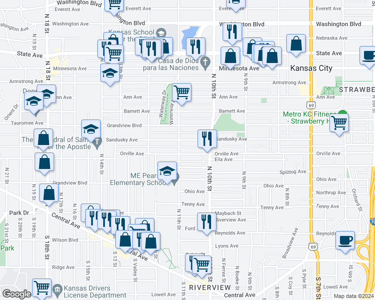 map of restaurants, bars, coffee shops, grocery stores, and more near 1053 Orville Avenue in Kansas City