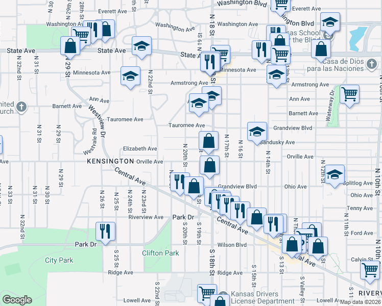 map of restaurants, bars, coffee shops, grocery stores, and more near 341 North 20th Street in Kansas City