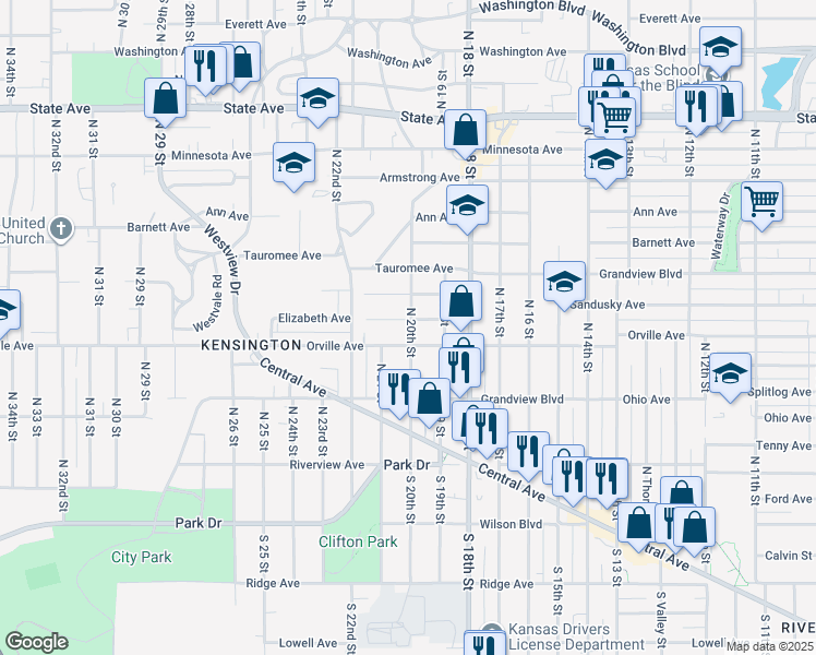 map of restaurants, bars, coffee shops, grocery stores, and more near 341 North 20th Street in Kansas City
