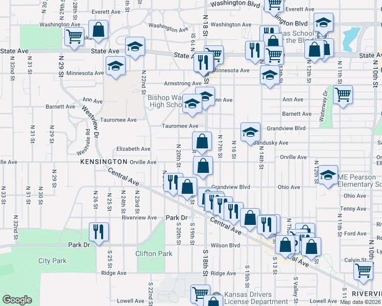 map of restaurants, bars, coffee shops, grocery stores, and more near 343 North 19 Street in Kansas City