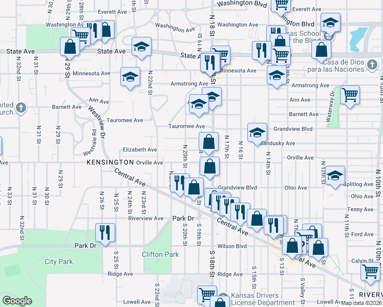 map of restaurants, bars, coffee shops, grocery stores, and more near 341 North 20th Street in Kansas City