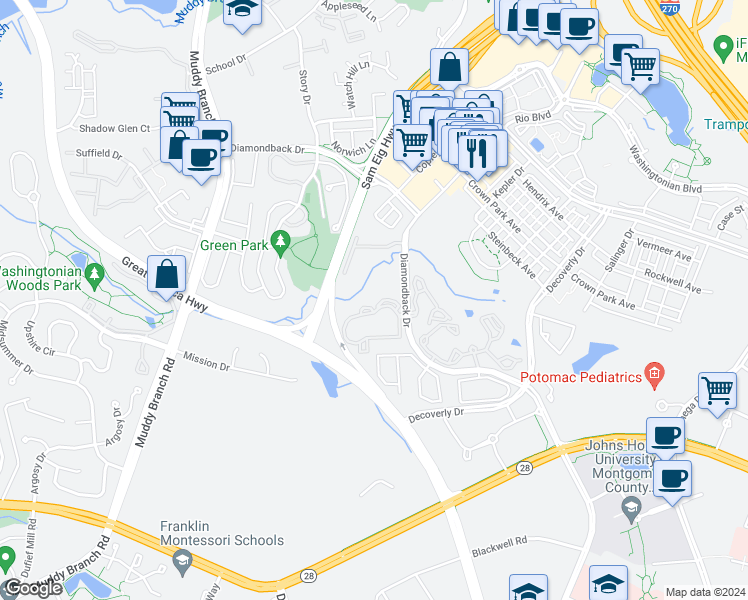map of restaurants, bars, coffee shops, grocery stores, and more near 10003 Vanderbilt Circle in Rockville