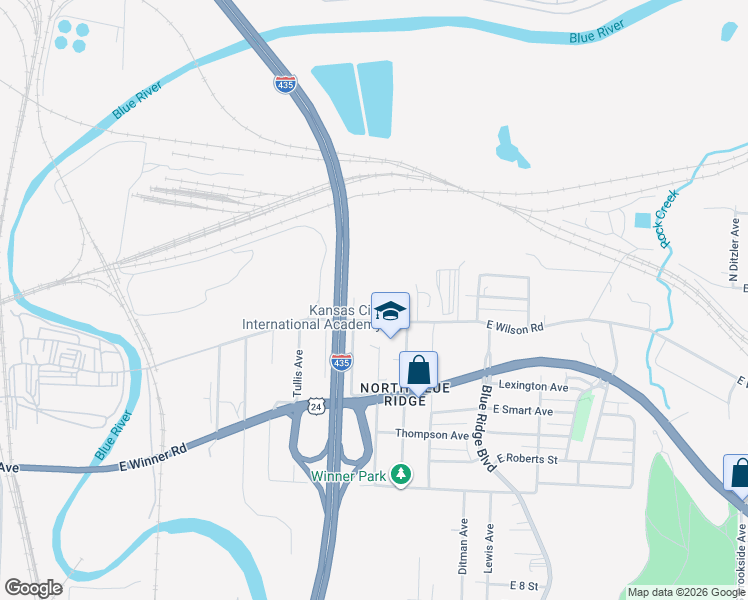 map of restaurants, bars, coffee shops, grocery stores, and more near 8310 Wilson Road in Kansas City