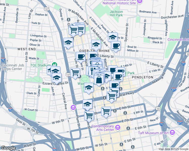map of restaurants, bars, coffee shops, grocery stores, and more near 1322 Republic Street in Cincinnati
