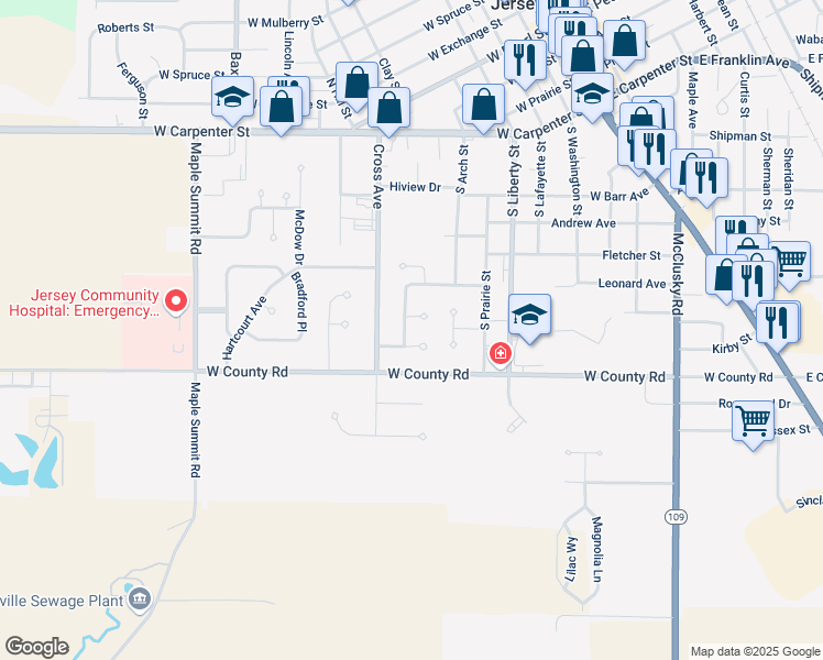 map of restaurants, bars, coffee shops, grocery stores, and more near 606 Cross Winds Court in Jerseyville