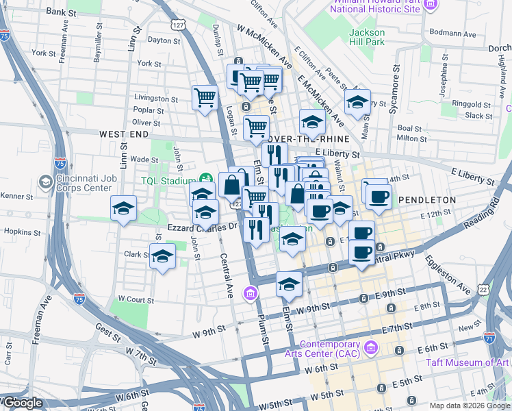 map of restaurants, bars, coffee shops, grocery stores, and more near in Cincinnati