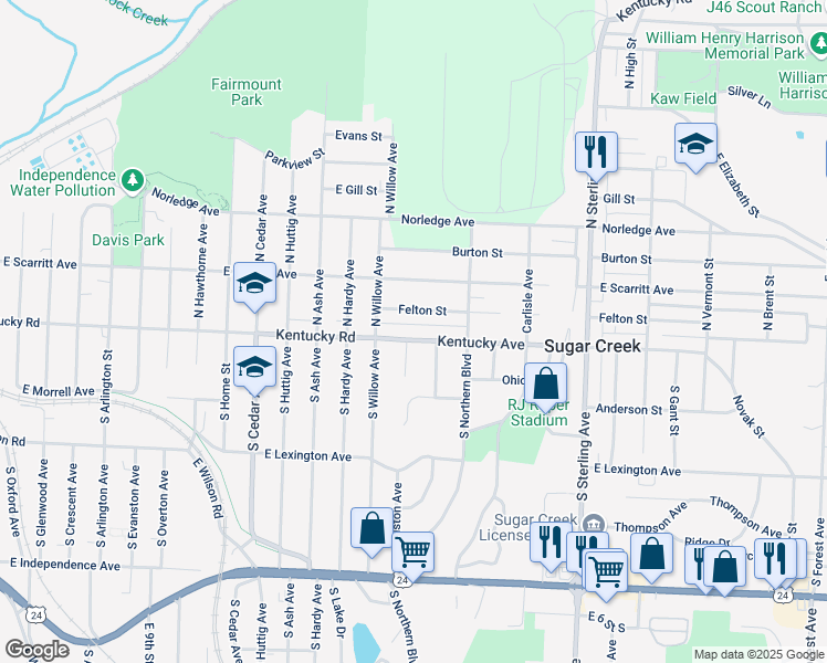 map of restaurants, bars, coffee shops, grocery stores, and more near 10604 East Kentucky Avenue in Sugar Creek
