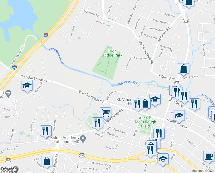 map of restaurants, bars, coffee shops, grocery stores, and more near 211 Patuxent Road in Laurel