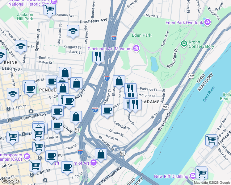 map of restaurants, bars, coffee shops, grocery stores, and more near 907 Paradrome Street in Cincinnati
