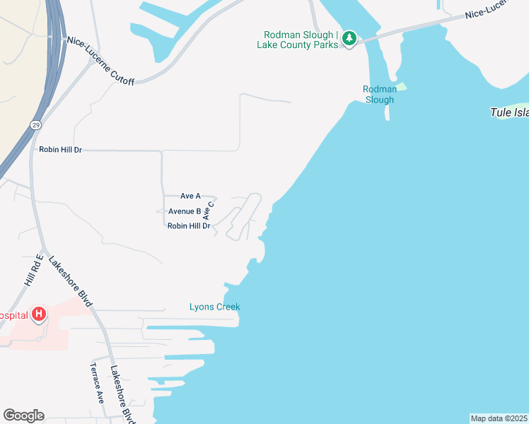 map of restaurants, bars, coffee shops, grocery stores, and more near 5830 Robin Hill Drive in Lakeport