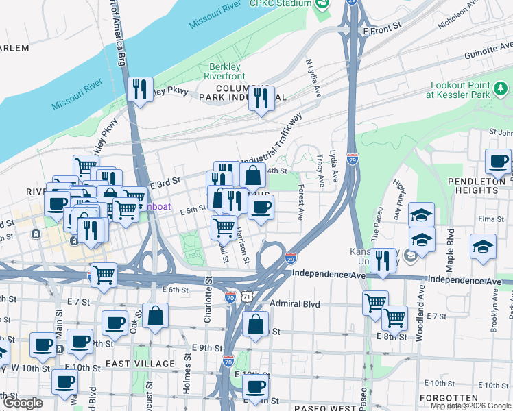 map of restaurants, bars, coffee shops, grocery stores, and more near 527 Gillis Street in Kansas City