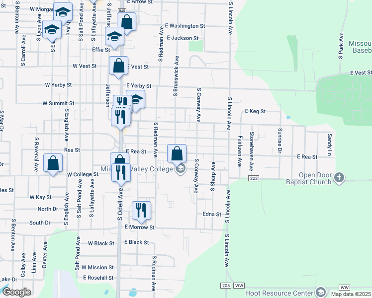 map of restaurants, bars, coffee shops, grocery stores, and more near 526 East Rea Street in Marshall
