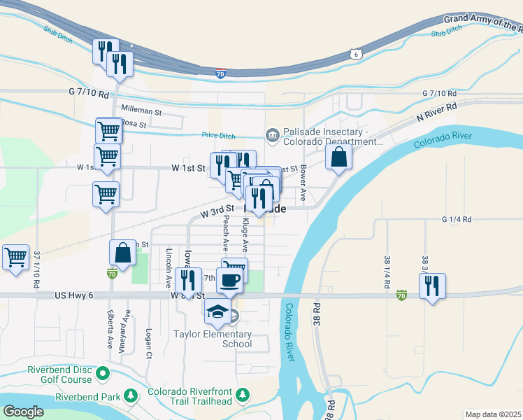 map of restaurants, bars, coffee shops, grocery stores, and more near 101 West 3rd Street in Palisade