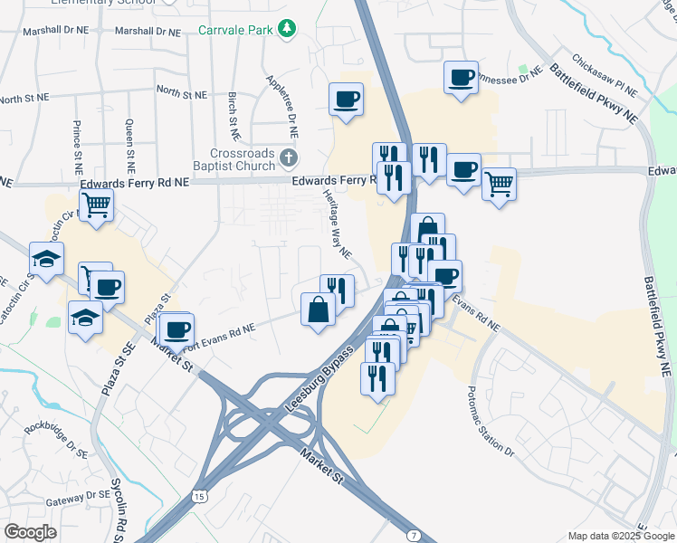 map of restaurants, bars, coffee shops, grocery stores, and more near 125 Carnaby Way Northeast in Leesburg