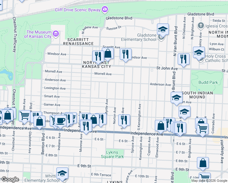 map of restaurants, bars, coffee shops, grocery stores, and more near 4012 Smart Avenue in Kansas City