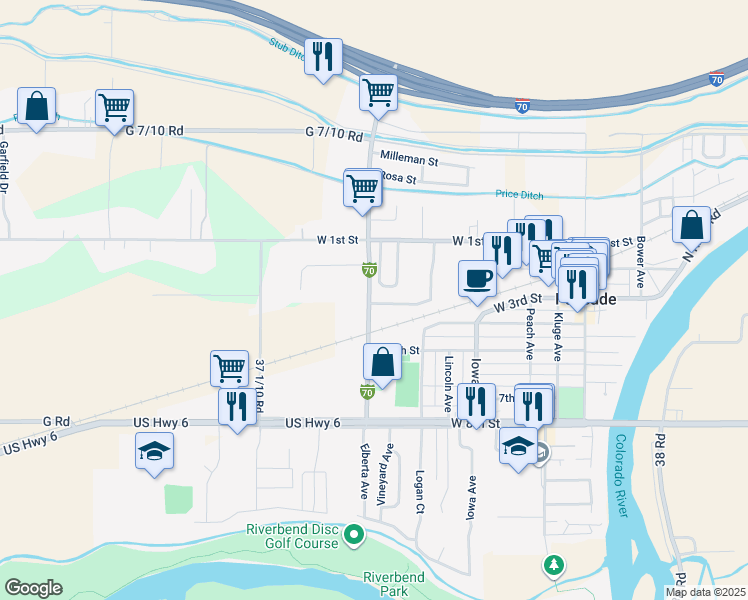 map of restaurants, bars, coffee shops, grocery stores, and more near 724 37 3/10 Road in Palisade