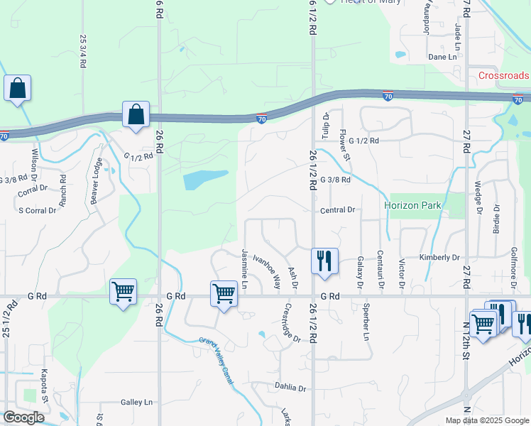 map of restaurants, bars, coffee shops, grocery stores, and more near 721 Hickory Court in Grand Junction