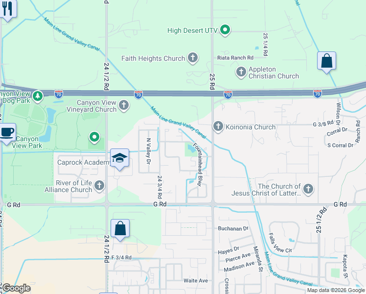 map of restaurants, bars, coffee shops, grocery stores, and more near 724 Lochwood Way in Grand Junction