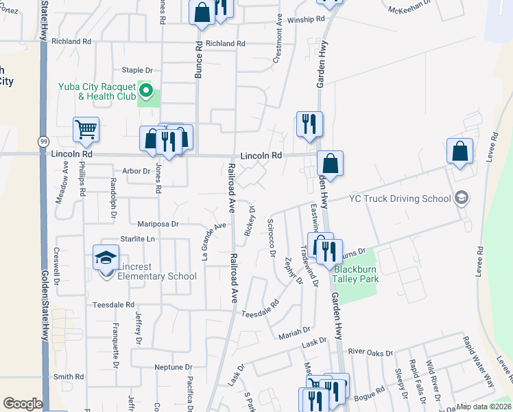 map of restaurants, bars, coffee shops, grocery stores, and more near 1210 Rickey Drive in Yuba City