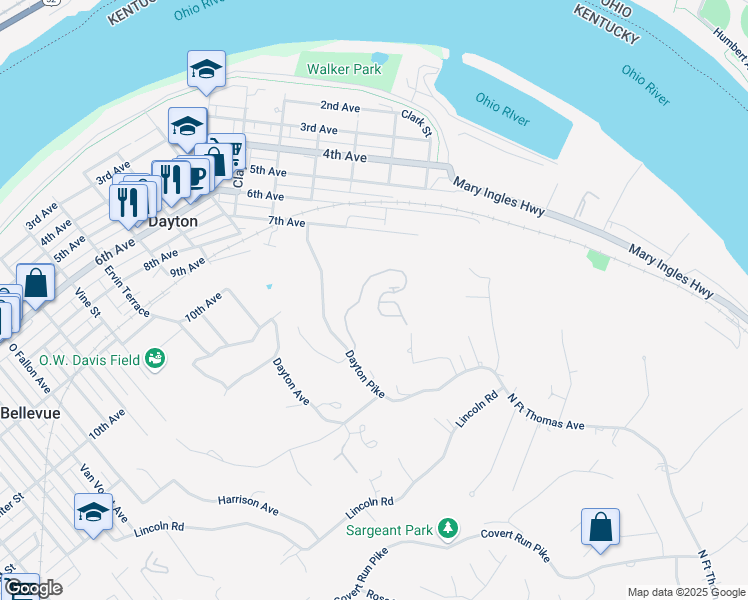 map of restaurants, bars, coffee shops, grocery stores, and more near 567 Riverpointe Drive in Dayton