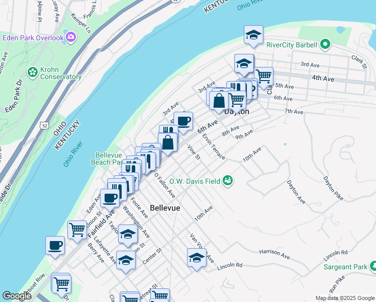 map of restaurants, bars, coffee shops, grocery stores, and more near 8TH Walnut Street in Dayton